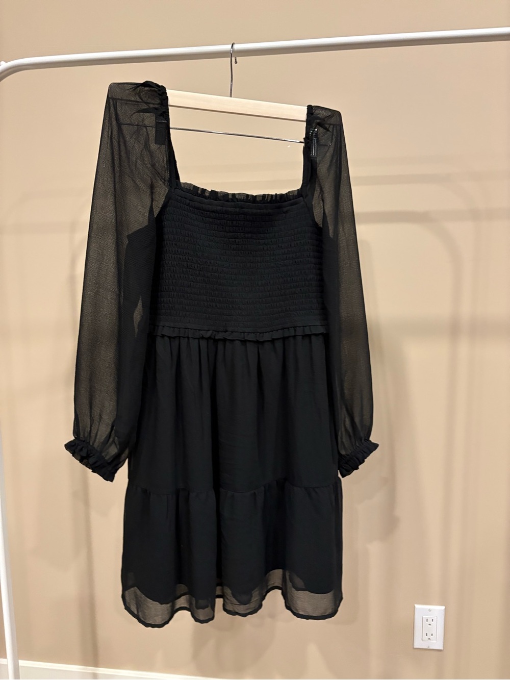 aerie Black Smocked Bodice Sheer Sleeve Mini Dress